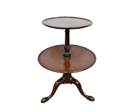 George III mahogany two tier whatnot, with two graduated dished tiers and spiral twist carved column, on tripod cabriole base