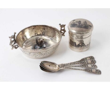 Four Imperial Russian silver and niello spoons with Cyrillic to bowls, dates from1860s-1870s, Eastern niello pot and cover an