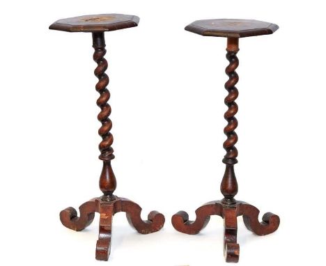 Rare pair of William and Mary walnut and inlaid candle stands, each with stellar inlaid top on spiral column and tripod base,