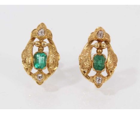 Pair of Victorian style gold emerald and diamond earrings, each with a rectangular step cut emerald measuring 4.8mm x 3.8mm a