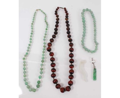 Chinese jade bead necklace, one other, a jade pendant, jade earring, and tortoiseshell/horn bead necklace