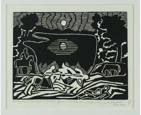 *Edward Bawden (1903-1989) original linocut from Morte d'Arthur, signed and captioned 'Sir Kay espied them first & got his sp