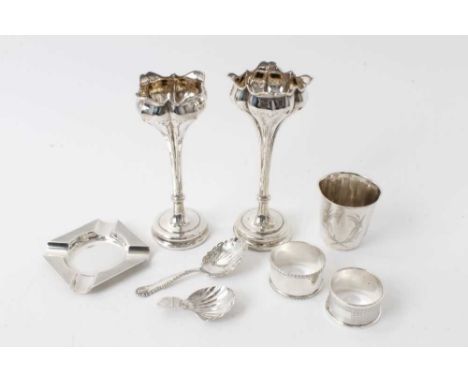 Pair Edwardian silver Art Nouveau spill vases, marks rubbed, 15.5-16cm, two silver caddy spoons, two silver napkin rings, sil