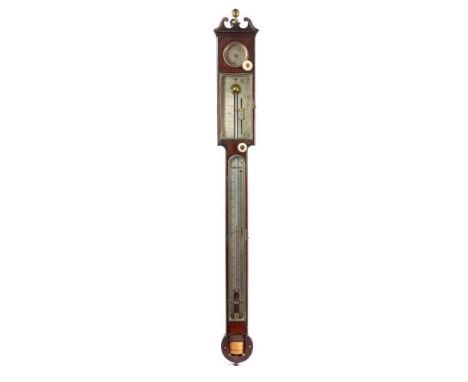 Fine quality George III stick barometer in burr wood and ebony banded case with unusual brass framed scales, arched swan neck
