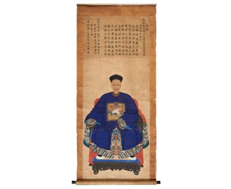 Large 19th century Chinese ancestor painting, the scroll with script panel and seated figure wearing the white pheasant rank 