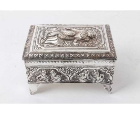 Eastern white metal casket with repoussé figure decoration raised on bracket feet 12.5cm