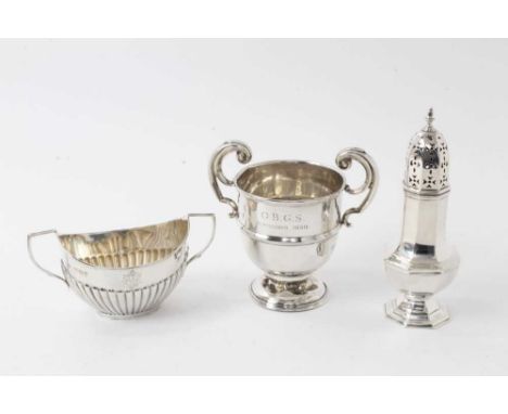 Edwardian Silver sugar castor, (Sheffield 1905), 16.5cm high, Victorian silver reeded sugar basin, (London 1894) and Edwardia