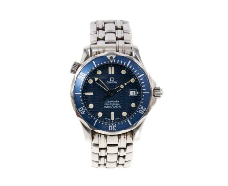 Omega Seamaster stainless steel wristwatch, serial number 55178551, with circular blue dial with wavy lines, centre sweep sec