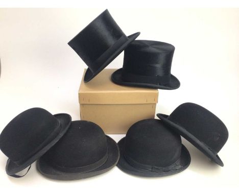 Four vintage black hunting bowler hats, Herbert Johnson, Patey and others, together with two silk top hats (6)Provenance: rem