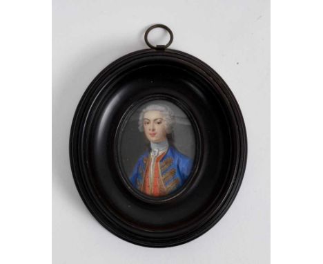 English School, circa 1740, miniature watercolour portrait on ivory, depicting a military gentleman wearing blue coat with go