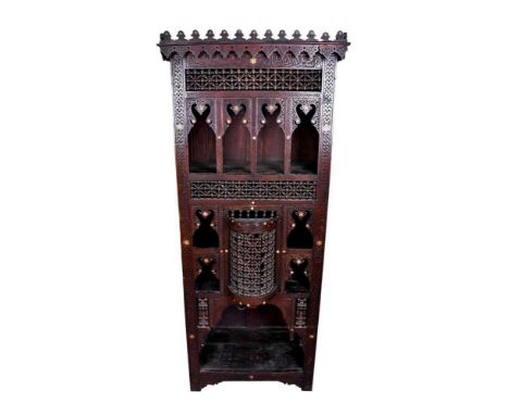 19th century Moorish carved hardwood and mother of pearl inlaid floor standing cabinet, with open shelves and allover ornate 