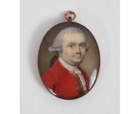 Samuel Cotes (1734-1818) miniature watercolour portrait on ivory, depicting a gentleman in powdered wig and red coat, signed 