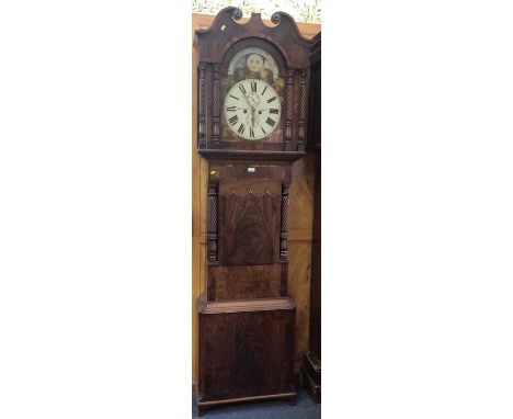 Victorian 8-day longcase clock signed Robert Jones, Liverpool with painted arched dial decorated with female allegorical figu