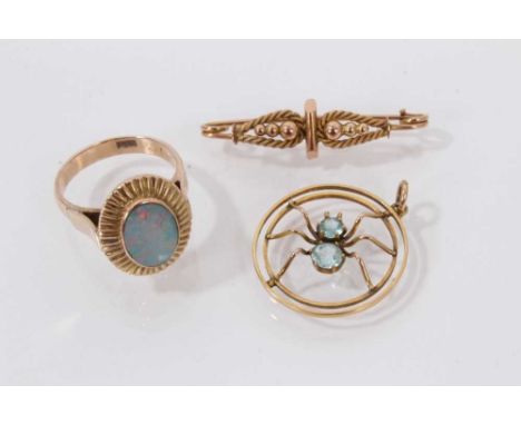 Edwardian novelty gold and gem-set spider pendant, opal ring and a gold bar brooch (3).Edwardian gold spider pendant- good co