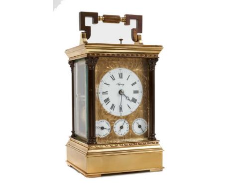 Fine Asprey carriage clock with striking movement, repeat, alarm, day and date subsidiary dials on floral engraved ground, br