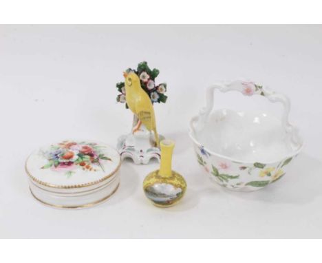 A Meissen miniature yellow ground vase, a German porcelain bird and other items (4)