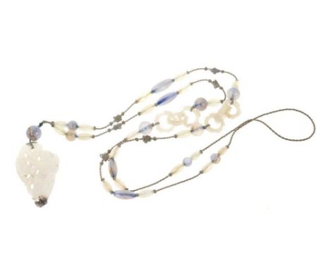 Antique Chinese jade and blue agate necklace, probably 1920s/1930s, the carved and pierced jade pendant suspended from a wove