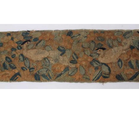 Antique Chinese embroidery scroll, with continuous frieze of pheasants and foliage, approximately 160 x 23cm