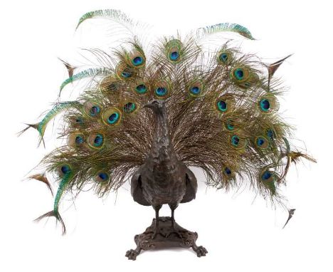 19th century bronze and spelter peacock firescreen, with peacock feather tail, raised on triangular form base and paw feet, t