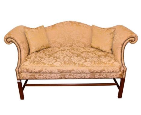 Good quality Georgian-style sofa with camel back and scroll ends, well upholstered in yellow silk floral damask, raised on sq