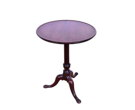 George III mahogany dished top occasional table, tilt top raised on bun barrel column and tripod cabriole legs with pad feet,