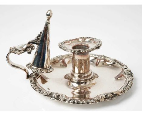 Regency Sheffield plated chamber candlestick and snuffer by Matthew Bolton with cast shell and gadrooned borders, 15cm diamet