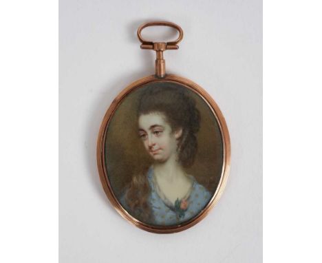 William P Sherlock (1775/1780-c.1850) watercolour portrait miniature on ivory, a lady, with blue and gold dress, signed and d