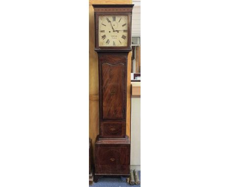 George III Irish mahogany and patera inlaid longcase clock by Gaskin, Dublin, with white painted enamelled dial and twin trai