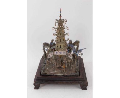 Unusual Chinese white metal temple model, 29cm high, raised on wooden plinth