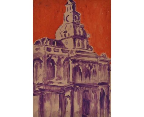 *Colin Moss (1914-2005) oil on paper - Architectural Gem, (Ipswich Town Hall) signed and dated '75, titled verso, 56cm x 37.5