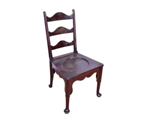 18th century red walnut ladder back hall chair with dished solid seat, on cabriole legs and pad feetGood original solid condi