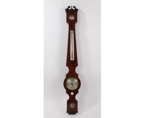 19th century mahogany narrow-cased banjo barometer by I. Deck, Cambridge with silvered dials and swan neck pediment. 98cm. AP