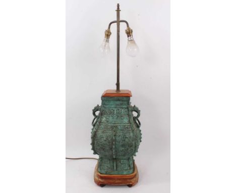 Large Chinese bronzed vase, Hu form, with archaic style ornament, converted to a lamp, total height, 84cm high