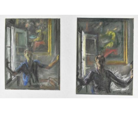 Joseph Plaskett (1918-2014) pastel - Double Portrait, each approximately 21cm x 35cm, one signed and dated '63, mounted on pa