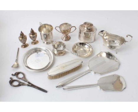 Edwardian silver oval tea caddy and lot sundry silver including sauce boat, mug, dishes etc, 23ozs weighable silver