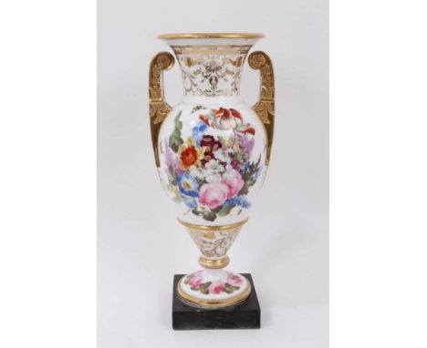 Early 19th century French Paris porcelain vase, polychrome decorated with flowers and birds, on a square marble base, 31.5cm 