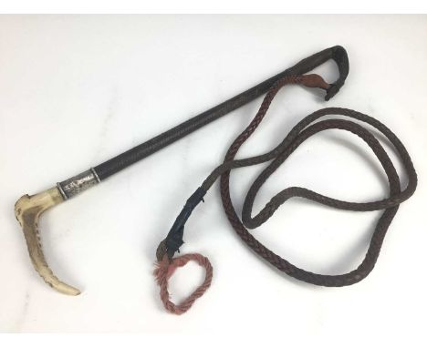 Swaine Adeney silver mounted hunting whip with leather shaft and lash, with engraved initials C.F.N.M., 1921, Sir Charles Fra