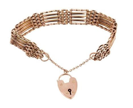 Antique 9ct rose gold gate bracelet with five bar gate links padlock clasp, approximately 18cm.Good condition commensurate wi