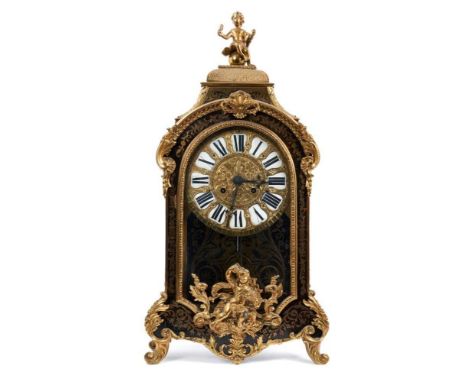 19th century French Louis XIV revival Boulle work bracket clock with ormolu figure mounts, cylinder movement striking on gong