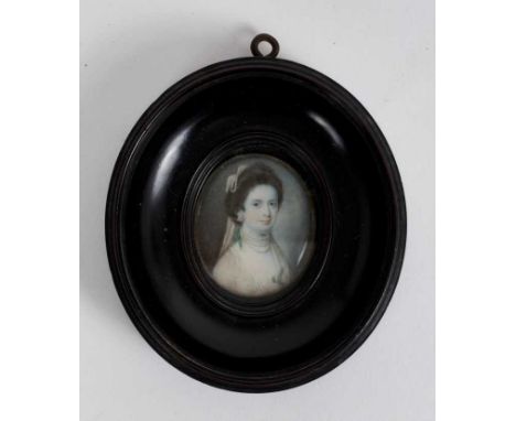 Attributed to Samuel Cotes (1734-1818) watercolour miniature portrait on ivory, portrait of a lady wearing four strand pearl 
