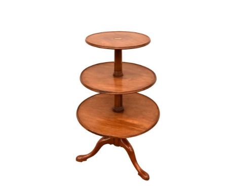 George III mahogany three tier dumb waiter, graduated dished tiers, on turned column and cabriole tripod supports terminating