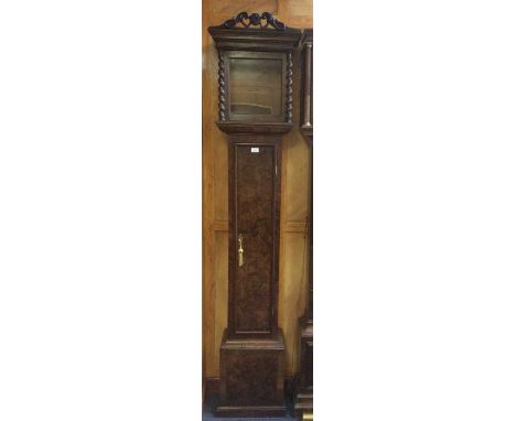 Modern Late 17th century-style burr wood longcase clock case with scroll pediment, spiral hood columns, 25cm square dial aper