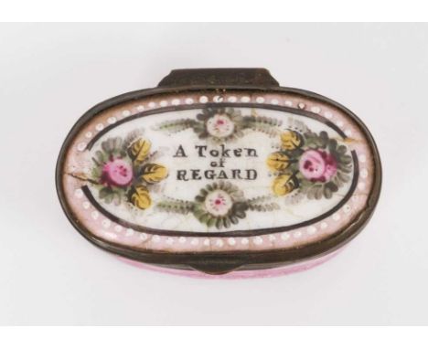A South Staffordshire enamel patch box – ‘A Token of Regard’, circa 1800, elongated oval form, 4cm wideProvenance: property f