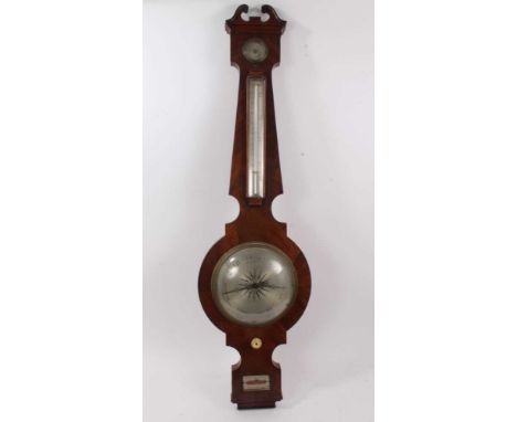 Large 19th century mahogany barometer thermometer by Jones Gray, Strand, Liverpool with silvered dials and swan neck pediment