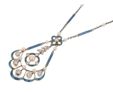 A fine Edwardian Belle Époque diamond pearl and blue enamel pendant necklace, the articulated pendant drop with old cut diamo