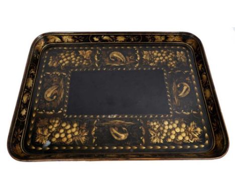 Fine quality Regency papier mâché tray, of large scale, rounded rectangular form, decorated with exotic birds and fruit, 76.5