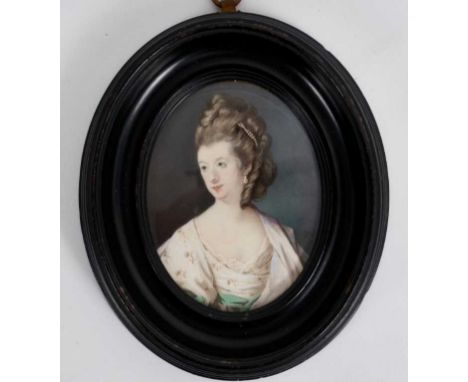 Samuel Cotes (1734-1818) watercolour portrait miniature on ivory, portrait of a lady wearing pearls and cream dress with gold