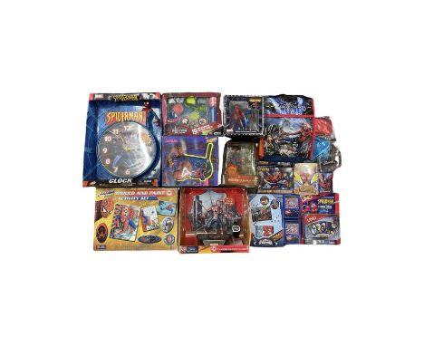 A large collection of Spider-Man memorabilia, to include: - Wall clock- Lunch bag- Talking alarm clock- Collector's clock~- M