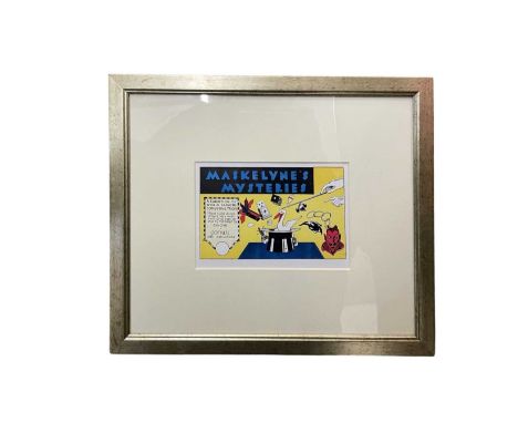 A framed box label from 'Maskelyne's Mysteries' conjuring tricks magic set. A genuine artefact from the archive of Davenport'