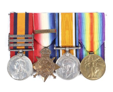 A late Victorian through to WWI four piece medal group, comprising; South Africa medal with three clasps, South Africa 1902, 